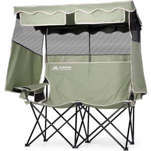 Double Camping Chair with Shade Canopy 2 Person Folding Chair with Canopy Portable Beach Chair Heavy Duty Camping Chair with Two Cup Holders and Side Pocket for Outside Camping,Beach,Sports (Green)