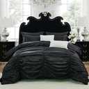 Bedorm Black Satin Comforter Set 9 Pcs Queen Size Ruched Bedding Set Pintuck Pinch Pleat Silky Bedding Comforter Luxury Black Bed in A Bag with Comforter, Sheeet Set, Pillowcases & Cushion Cover
