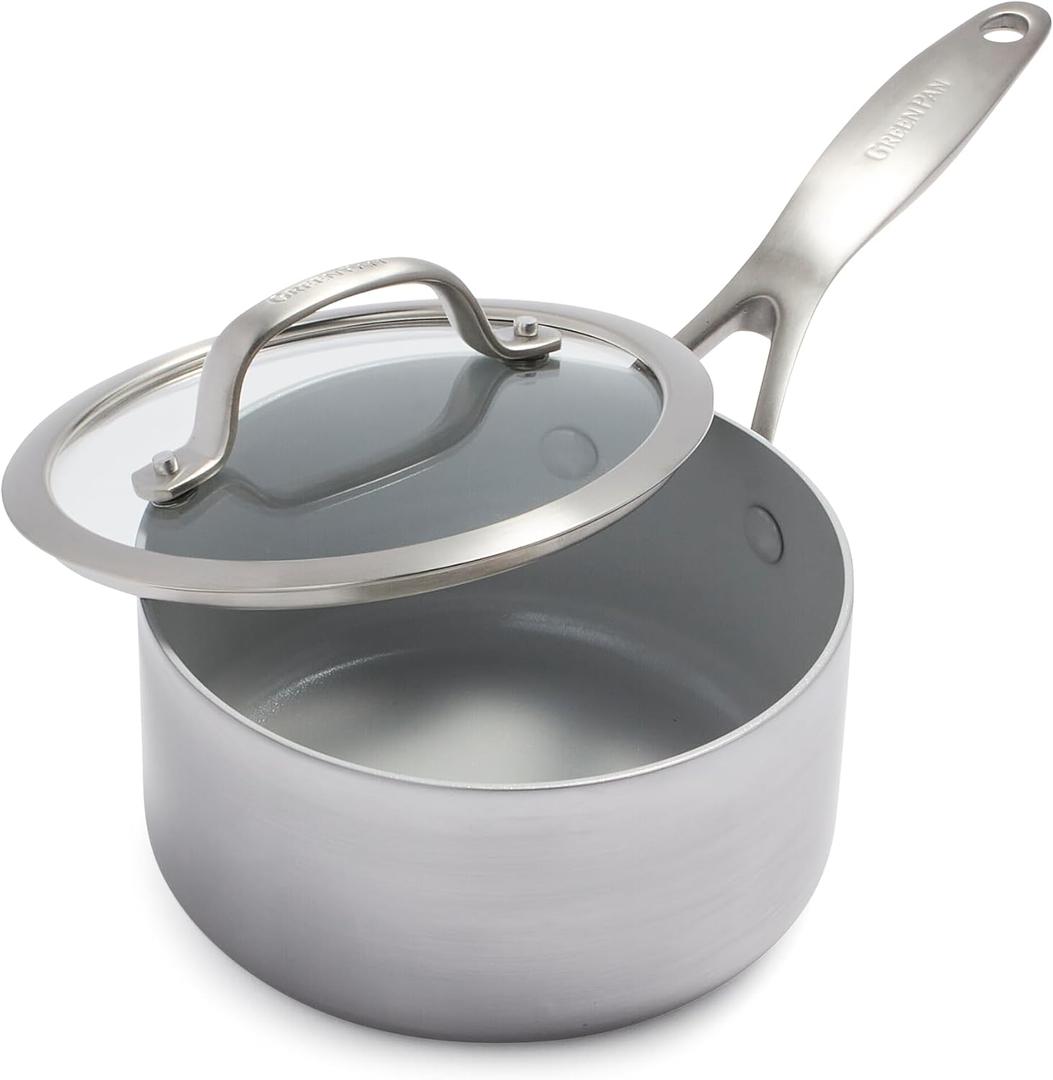 GreenPan Venice Pro Tri-Ply Stainless Steel 3.3QT Saucepan with Lid, Healthy Ceramic Nonstick PFAS-Free, Multi Clad, Induction, Dishwasher Safe, Oven Safe, Silver
