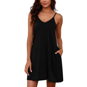Marvmys Womens Cotton Sleeveless Nightgown Spaghetti Strap V Neck Full Slip Sleep Dress with Pockets (Small, Black)