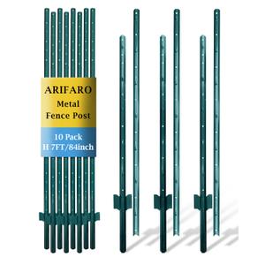 ARIFARO Metal Fence Posts 7 Feet assemblable,Pack of 10,Sturdy Duty No Digging Garden U Post for Wire Fencing Steel Poles for Yard, Outdoor (7 FT Splicable, Green 10 PCS)
