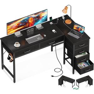 Coleshome 50 Inch L Shaped Desk with Drawers, Computer Desk with Power Outlets, Home Office Desk with 6 Drawers, Reversible Corner Desk for Small Space, Study Work Table with Hook, Black