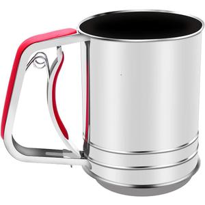 3-Cup Stainless Steel Flour Sifter,Squeeze Sifter for Baking with Compatable Silicone Handle (Red)