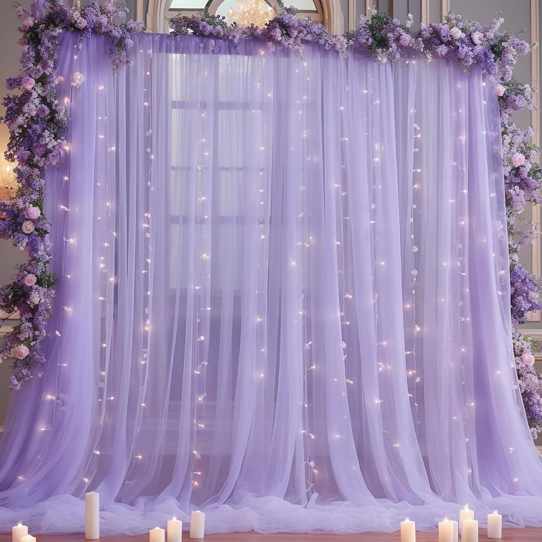 10x10ft Purple Tulle Backdrop Curtain with Lights String for Parites, Sheer Photo Backdrop Curtains for Wedding Baby Shower Birthday Party Photo Shoot Decorations (10ft x 10ft(2 Panels 5*10ft))