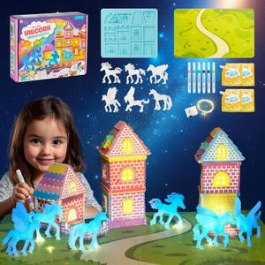 FrostJoy Unicorn DIY Craft Kit for Girls Ages 6-12, 29 PCS Plaster Painting Set with Castle Molds, Glow-in-The-Dark Unicorns, LED Lights, Acrylic Markers, Arts Crafts Gift for Girls Birthday Gift Age