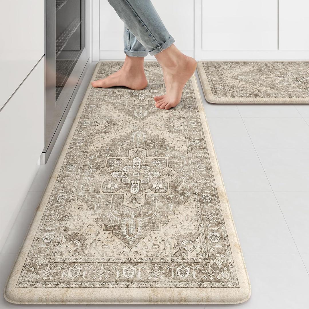 KIMODE Anti Fatigue Kitchen Mats 2 PCS 17"x47"+17"x29.5", Boho Kitchen Rugs and Mats, Non Slip Cushioned Kitchen Mats for Floor, Waterproof Kitchen Floor Mats for Laundry, Office, Sink, Khaki