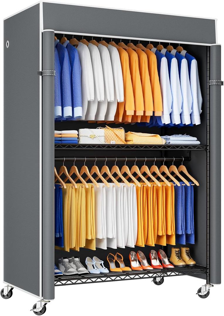 P8C Heavy Duty Clothes RackWith Extended Width Design Rolling Clothing Racks for Hanging Clothes with Lockable Wheels51.2" W x 15.8" D x 80.5" HMax Load 700LBSBlack Rack with Grey Cover
