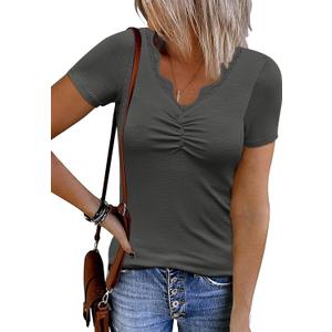 Women's 2024 Short Sleeve Ribbed Knit Tops Ruched V Neck Henley Shirts Button Up Lace Trim Blouses Tee (Small, A9-darkgrey)