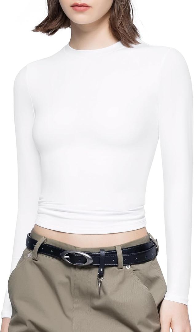 PUMIEY Women's Long Sleeve T Shirts Crew Neck Slim Fit Tops Sexy Basic Tee Smoke Cloud Pro Collection (Medium)