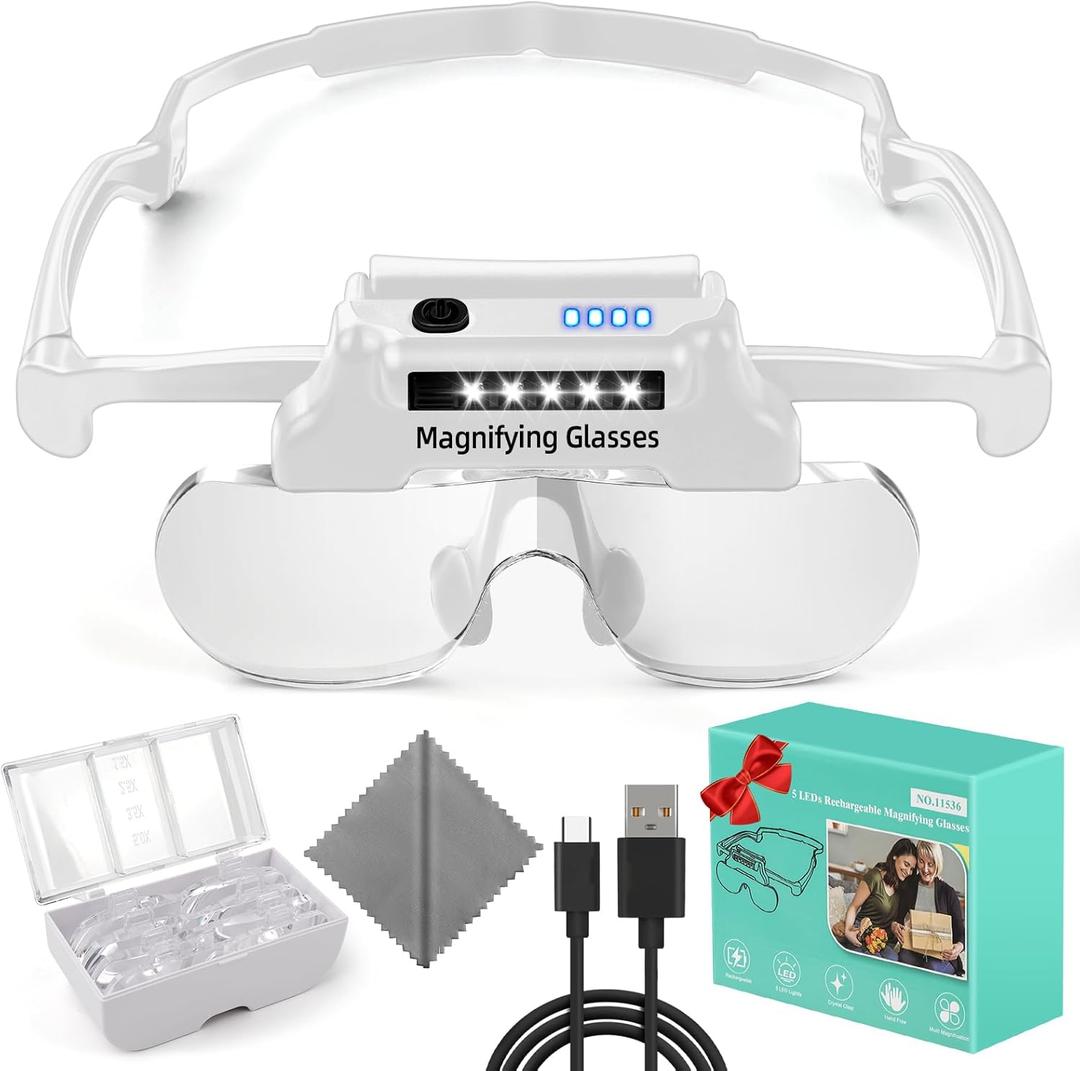 Magnifying Glasses with Lights Rechargeable Headband Magnifying Glasses for Close Work with 5 LEDs, 5X 3.5X 2.5X 1.5X Hands Free Lighted Magnifier for Reading Jewelry Sewing