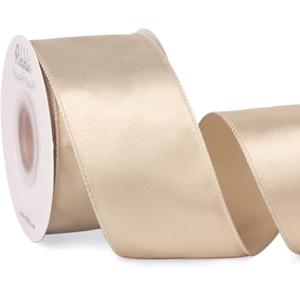 Ribbli Light Champagne Satin Wired Ribbon 2.5 Inch Champagne Christmas Ribbon for Gift Wrapping Wreaths Garland Tree Decoration Crafts Home Decor-Continous 20 Yards