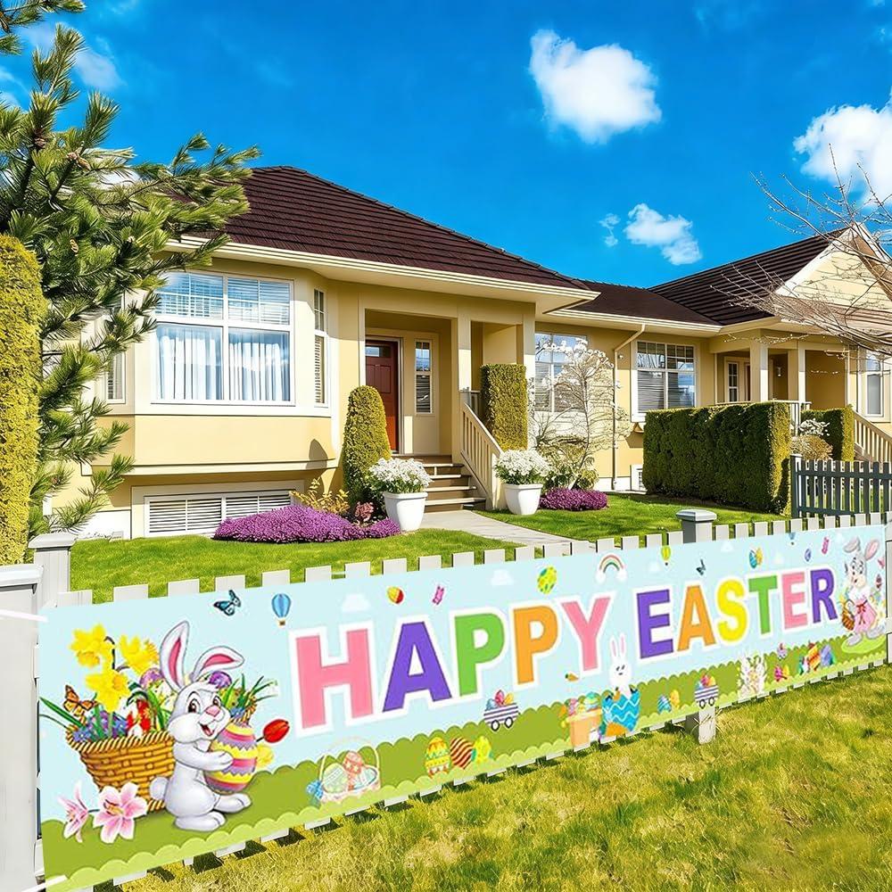 Happy Easter Banners for Outdoor Garden, 8.3 x1.6F Spring Bunny Banner Egg Hunt Decorations Butterfly Flower Rustic Lawn Sign (Butterfly)