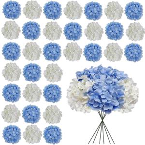 White Blue Hydrangea Artificial Flowers Bulk, 30 Pcs Faux Hydrangea Flowers Heads, Artificial Fake Silk Hydrangea Flowers With Stems, White Blue Flowers Artificial For Decoration Wedding Dcor