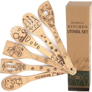 Bejky 6-Pcs Wooden Bamboo Spoons Set - Organic Food Cooking Utensils - Kitchen Accessories and Home Decor - Cookware Gifts for Women - Nonstick Easy Wash Spatulas - 3D Engraved Patterns (Cartoon Dog)