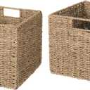12x12x10in Seagrass Storage Baskets Set of 2, Large Wicker Storage Basket, Decorative Seagrass Shelf Basket, Pantry Baskets Organization,Folding Storage Cube Bins