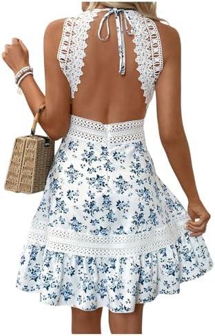 Floerns Women's Contrast Lace Sleeveless Halter Dress Backless Vacation A Line Dress, S