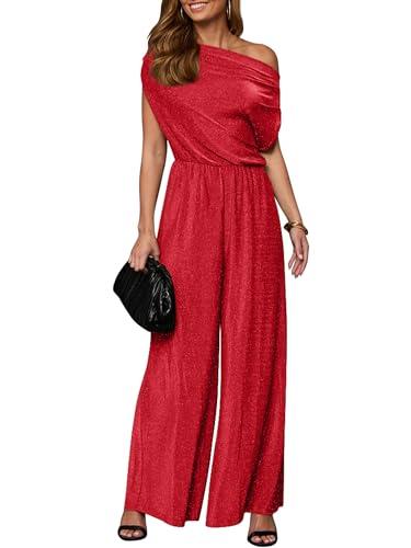 YMDUCH Women's Casual Off Shoulder Short Sleeve Wide Leg Long Pant Elegant Sparkly Party Jumpsuit Red Sparkly Size Large