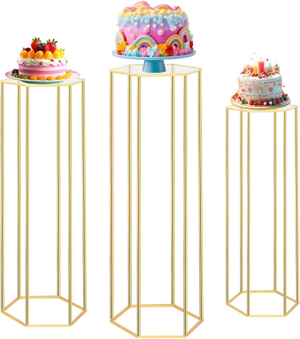 Cylinder Pedestal Stands for Party, 3 PCS Hexagon Gold Metal Plant Round Cylinder Stands for Party Flowers, Display Pedestal Stand Cylinder Tables for Vases Birthday Party Backdrop Decorations