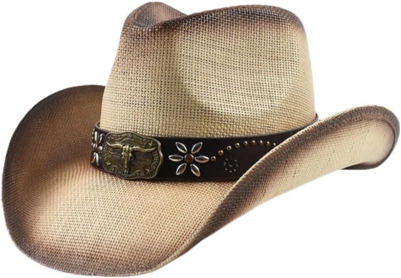 GORGLITTER Women's Cowboy Hat Western Cowgirl Hats Straw Classic Wide Brim Sun Hat for Men (Khaki)