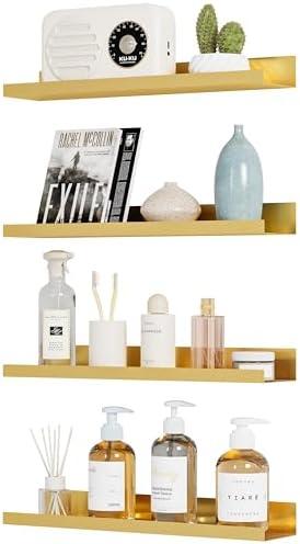 STARLATTA 4 Pack Metal Floating Shelves for Wall Storage, Gold Hanging Shelves for Living Room/Kitchen/Bedroom/Bathroom Decor, Set of 4 Organizer for Display, Book & Perfume Shelf Wall Mounted