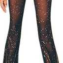 Women's Rave Sheer Mesh Sparkly Pants Bell Bottom Rave Outfit Clothes for Festival Dance Clubwear, Black, S