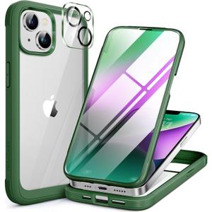Miracase Glass Series Designed for iPhone 14 Plus Case 6.7 inch, 2023 Upgrade Full-Body Clear Bumper Case with Built-in 9H Tempered Glass Screen Protector and Camera Lens Protector,Green