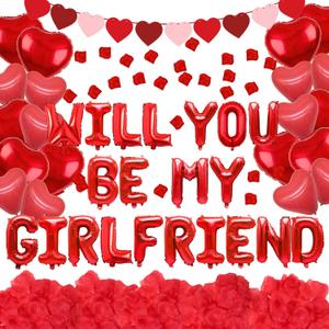 Red Will You Be My Girlfriend Balloons, Confession Balloons Decor 18" Letter Balloons 1000pcs Red Artificial Rose Petals 20Pcs Heart Balloons 33ft Red Ribbon Heart Pull Flag for Valentines Day