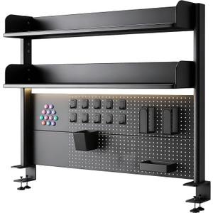 CHSSIH Clamp On Desk Pegboard Shelf - Metal Desktop Organizer Hutch with 2 Shelves for Storage and Display, Desk Add-On Shelf for Office, Dorm, or Computer Monitor Stand, Black, 31.4In
