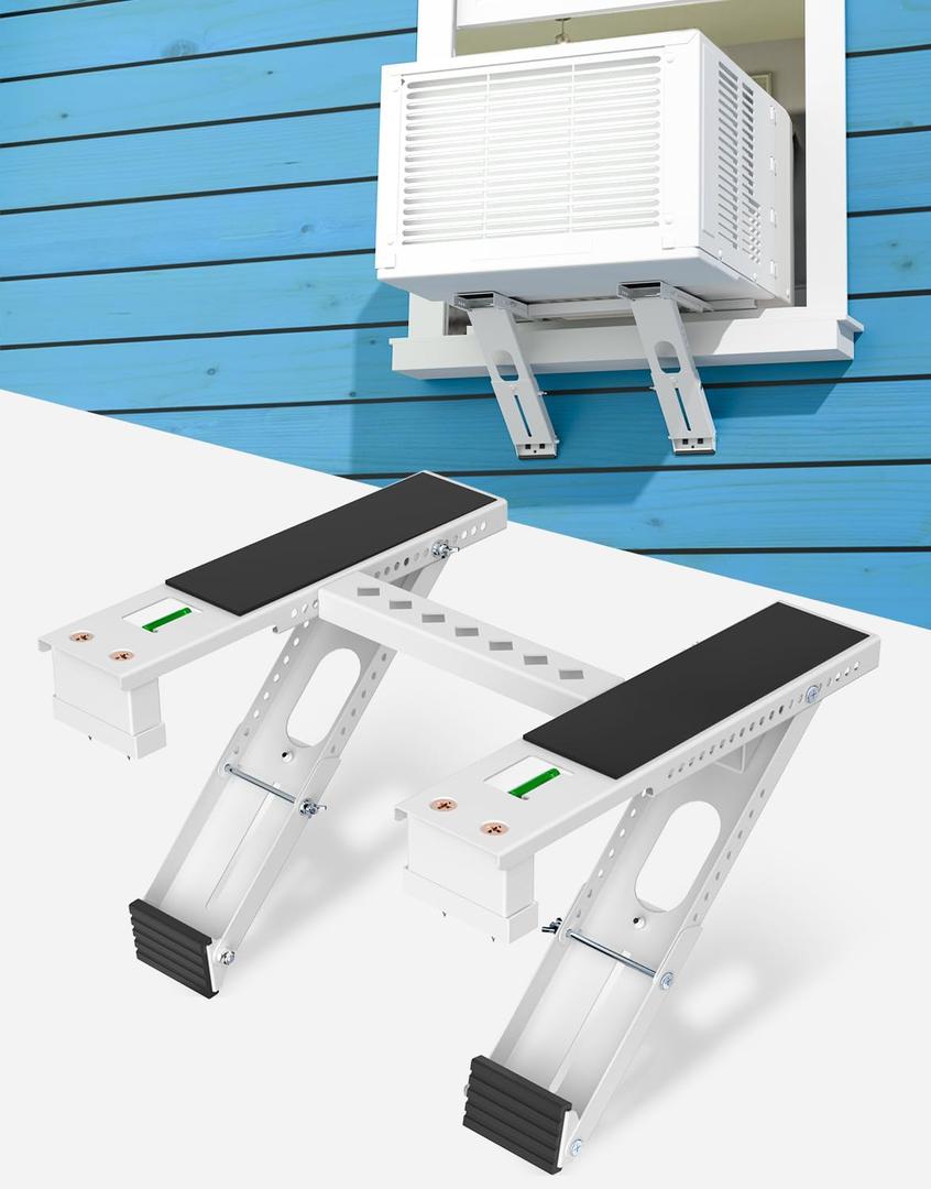 Window Air Conditioner Support Bracket: Heavy Duty Window AC Bracket with 2 Arms, Up to 220 lbs - Universal Fit 5,000 to 24,000 BTU Window Units - Adjustable Crossbar Level Non-Slip Mat