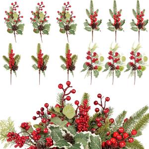 Wowagoga 12 Pcs Christmas Tree Picks 4 Styles Artificial Berry Twigs Assorted Red Berry Picks Christmas Tree Filler for DIY Handcrafted Holiday Wreath Home Decor