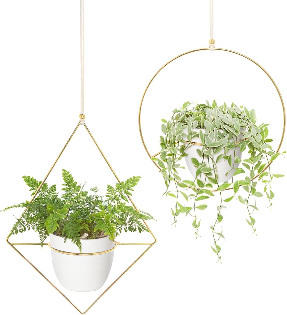 Mkono Metal Hanging Planters for Indoor Plants with Plastic Pots, Set of 2 Modern Mid Century Flower Pot Plant Holder in Diamond and Circle Shape, Fits 6 Inch, Gold