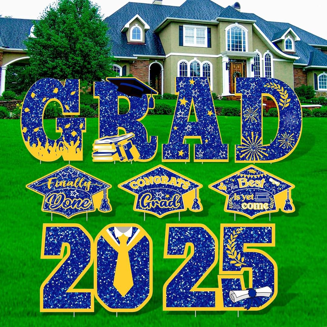 Yalikop Graduation Yard Sign Decorations Class of 2025 Grad Lawn Signs, 9 Pcs 16.5 Inch Congrats Grad Party Yard Signs with 18 Stakes for Outdoor 2025 Graduation Party Decor(Blue)