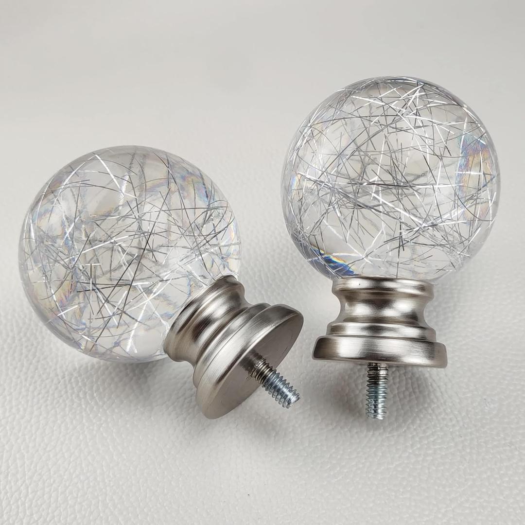 Decorative Curtain Rod Finials, Polyresin Round Silver Lines Clear Finials, Set of 2, Compatible with 1 inch or 1-1/8 inch Dia Curtain Rod, Standalone Finial Pair