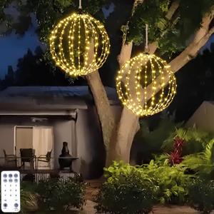 16" Large Outdoor Hanging Lighted Sphere, Christmas Decoration Light Balls, 2 in 1 Warm White and Multicolor Chandelier, 208 LED Iron Frame Foldable Globe for Patio Tree Gazebo Decor (2PK Plug in)
