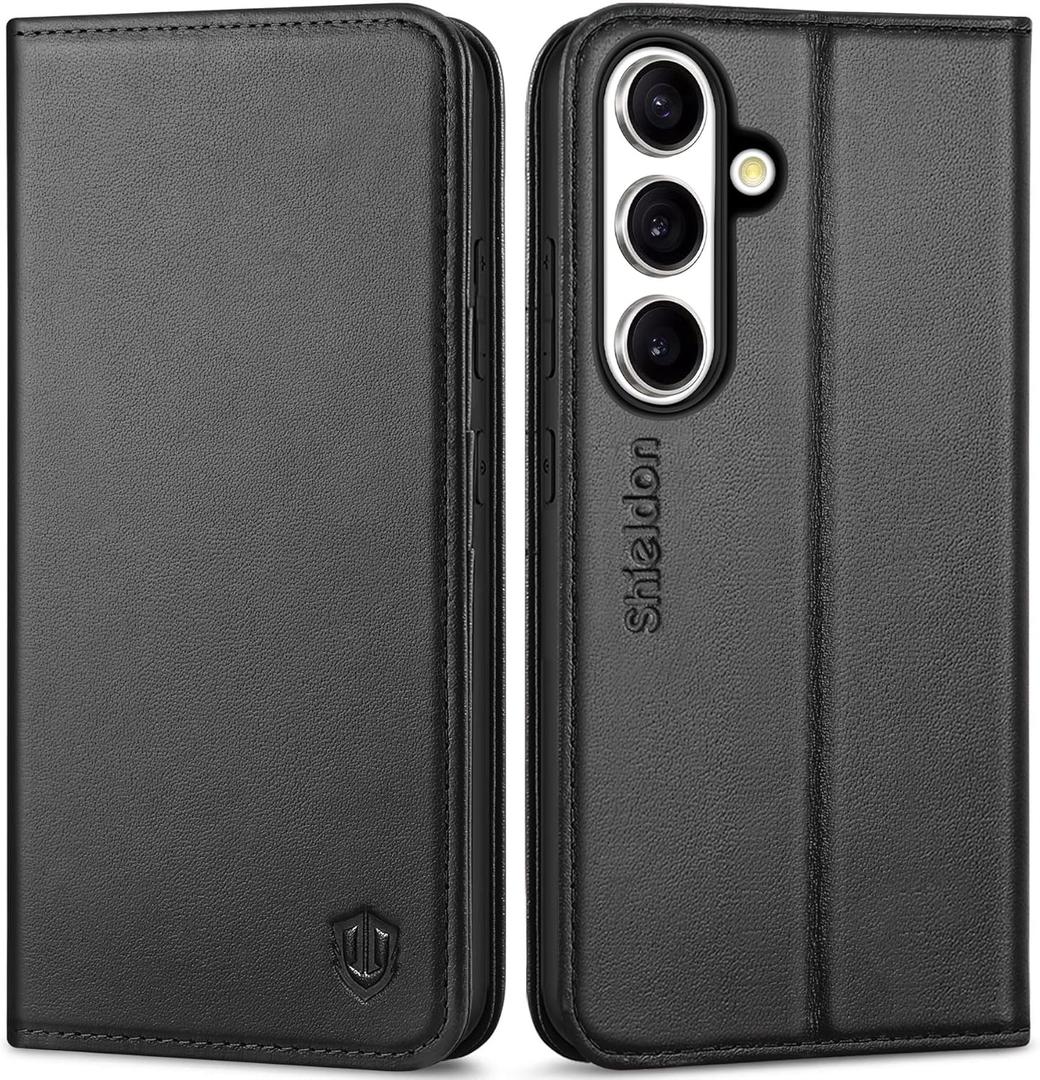 SHIELDON Wallet Case for Galaxy S25 6.2", Genuine Leather Folio Case with Kickstand RFID Blocking Card Holder Magnetic Full Protection Phone Cover Compatible with Galaxy S25 5G 2025 - Black