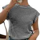 Women's Fashion Vests Crew Neck Striped Knit Short Sleeve Top (Black)