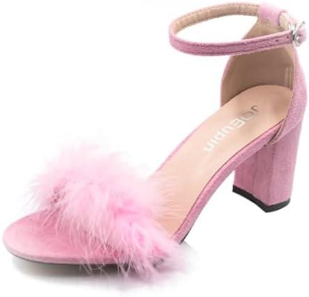 JOEupin Women's Ankle Strap Fluffy Feather Ankle Strap Block Heels Sandals Party Evening High Heel Pump Shoes 39