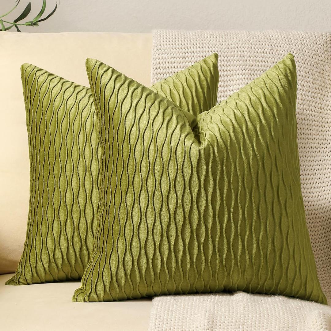 DEZENE 16x16 Moss Green Throw Pillow Cases: 2 Pack Original Striped Velvet Square Decorative Pillow Covers for Farmhouse Couch