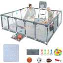 Baby playpen, 79"x71"Baby Playpen with Mat Indoor Outdoor Playpen for Babies and Toddlers with Breathable Play Pen with Ocean Balls Hanging Pocket Basketball Hoop and Football Goal