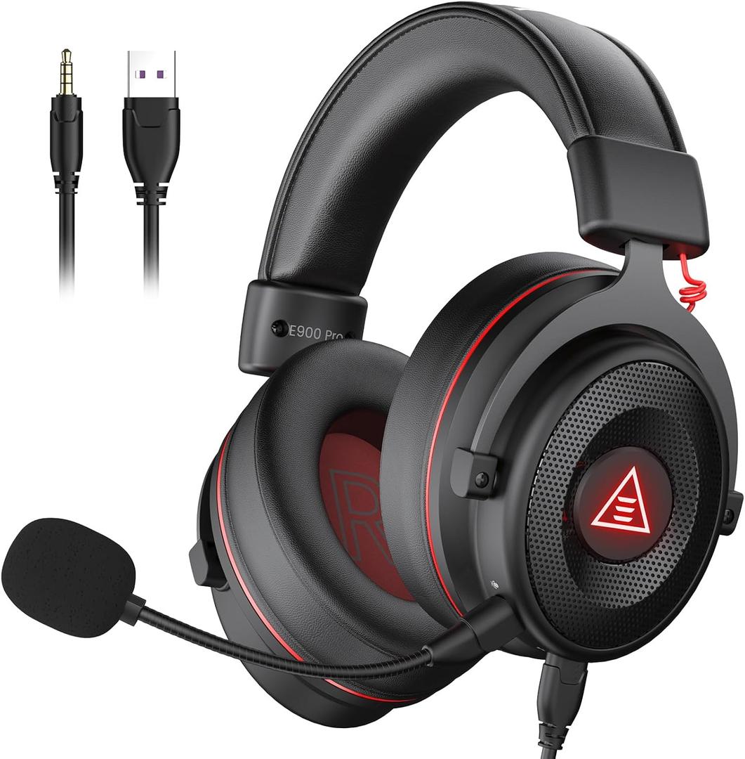 EKSA E900 Pro USB Gaming Headset for PC - Computer Headset with Detachable Noise Cancelling Mic, 7.1 Surround Sound, 50MM Driver - Headphones with Microphone for PS4/PS5, Xbox One, Laptop, Office (Wired Black-Red)