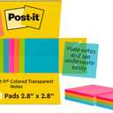Post-it Transparent Notes, 2.8 in. x 2.8 in., Blue, Pink, Green and Orange Sticky Notes, School Supplies, Office Products, Great for Studying, 8 Pads