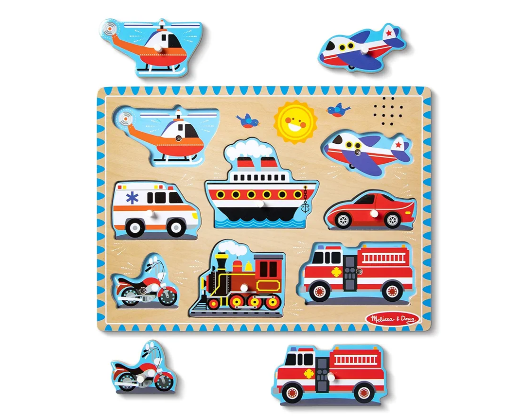 Melissa & Doug Vehicles Sound Puzzle - Wooden Peg Puzzle With Light-Activated Sound Effects (8 pcs) Puzzles for Toddlers, Wooden Puzzles For Kids Ages 2+