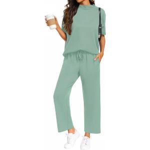 PrinStory Womens 2 Piece Lounge Sets Casual Outfits Pullover Top and Wide Leg Pants Matching Pjs Soft Pajamas Loungewear (L)