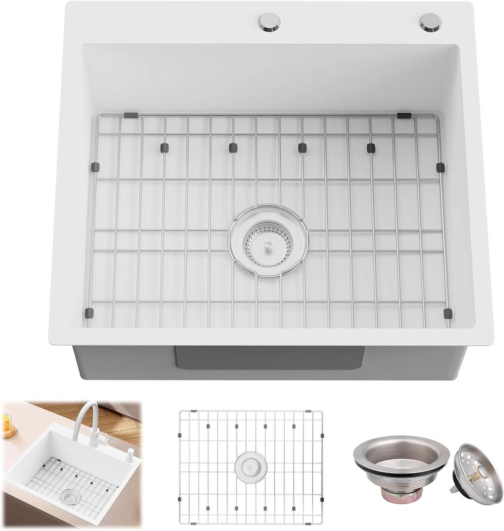 White Stainless Steel Kitchen Sink - 25x22 Inch Single Bowl Topmount With Sink Grid and Drain Assembly - Clean & Bright Bar Sink to Enhance Aesthetic Appeal of Modern Kitchen