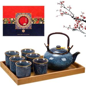 Layhit Japanese Asian Tea Set for Adults with 1 Teapot 6 Cups 1 Tray Traditional Portable Japanese Kiln Altered Glaze Porcelain Tea Set for Women Mother's Day Gifts(Blue)