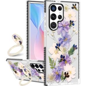 Boaretiu Cute Kawaii for Samsung Galaxy S25 Ultra Case with Stand - Fashion Cool 360 Rotate Ring Holder Kickstand Purple Flower for Women Girls Boys Teens Girly for Galaxy S25 Ultra Case