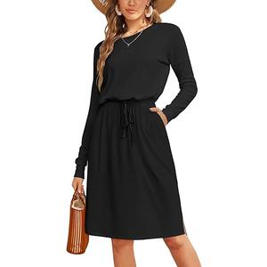 Women Knit Work Casual Pocket Knee Length Travel Dress 2025 Spring Fall Winter Long Sleeve Hide Belly Midi Outfits, Size M