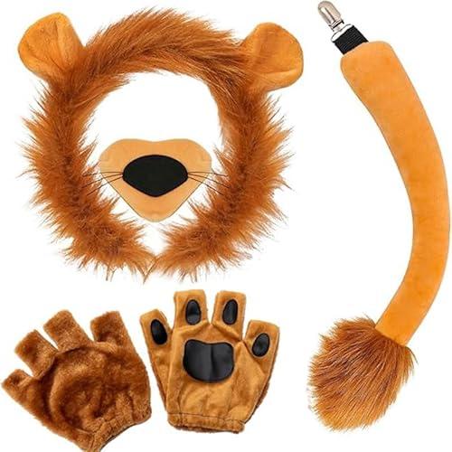 HATINXIA 5Pcs Lion Costume Set for Adult Men Women - Lion Ears Headband with Mane, Furry Tail, Paw Gloves and Nose for Halloween Dress Up Cosplay Accessories Party Supplies