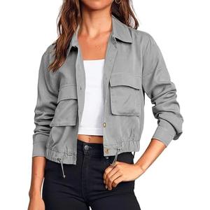 BUNSLOOM Women's Casual Loose Jacket Military Hunting Style Waisted Jacket Oversized Utility Anorak Coat with Pockets, M, Grey