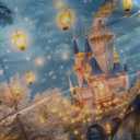 7X5ft Fairy Tale Castle Backdrop Enchanted Forest Palace Princess Beauty Garden Lake Lantern Dating Romantic Background Birthday Party Decorations Cake Table Banner Decor Photo Booth Props